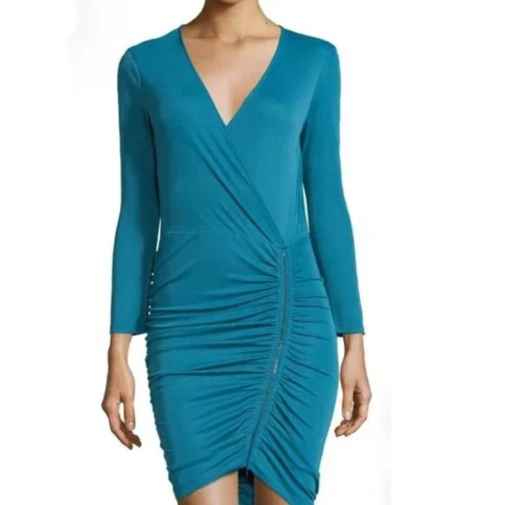 BCBG MaxAzria Teal Sexy Dress Sz S Zipper Ruching Vneck 3/4 Sleeve MINT